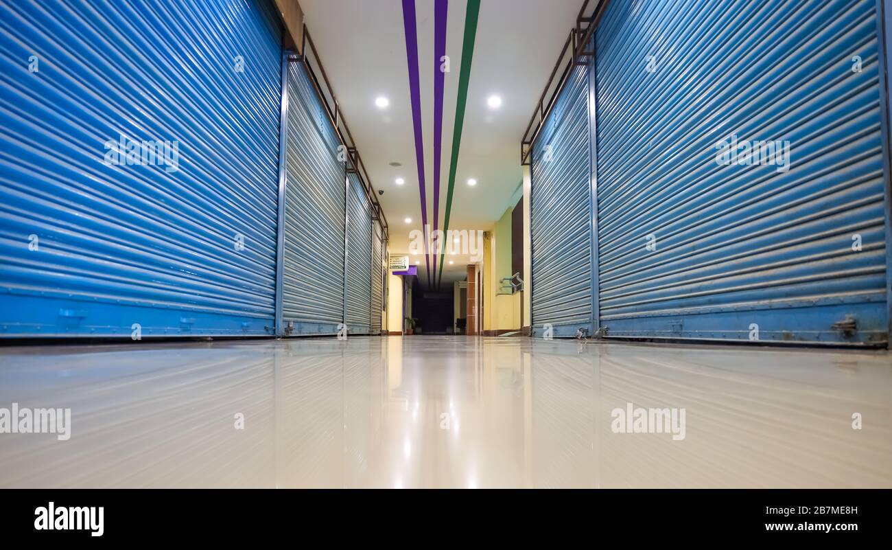 Alley Of A Mall Showing Closed Shops During Lockdown Stock Photo