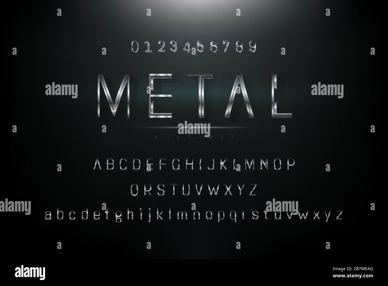 Shiny silver gray metalic theme alphabet font set with uppercase lowercase and numbers Stock Vector