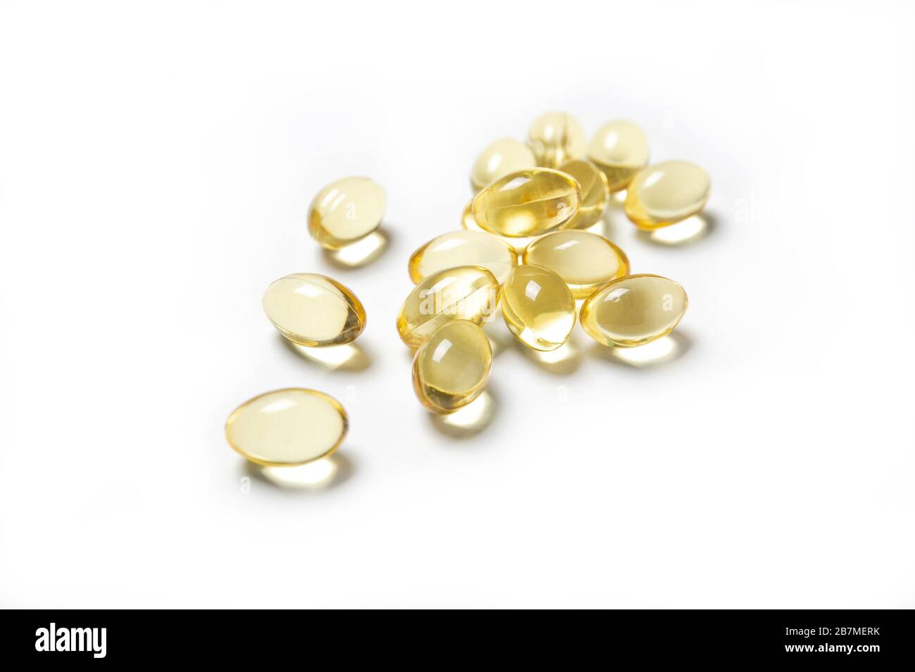 Fish oil capsules on a white background. Nutritional supplements Stock Photo