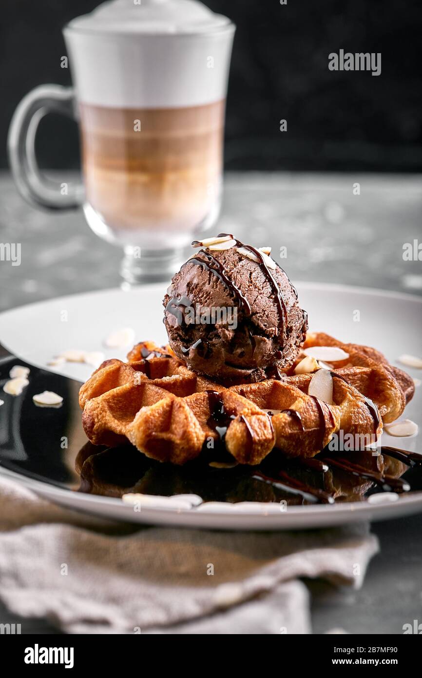 Viennese Waffles with ice cream and coffee. Beautiful picture of