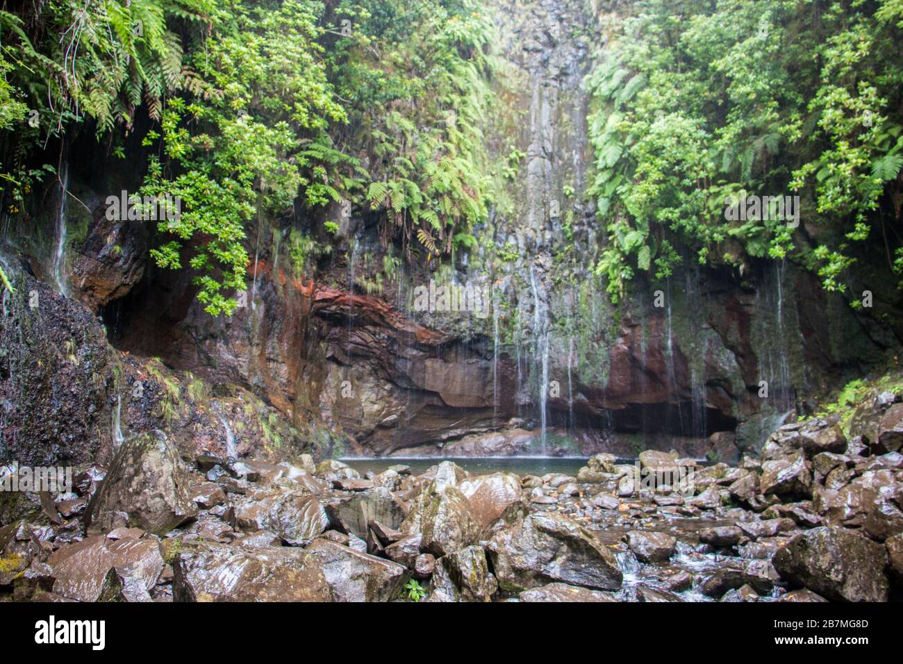 Madeira waterfall 25 sources hiking trail small lake Stock Photo