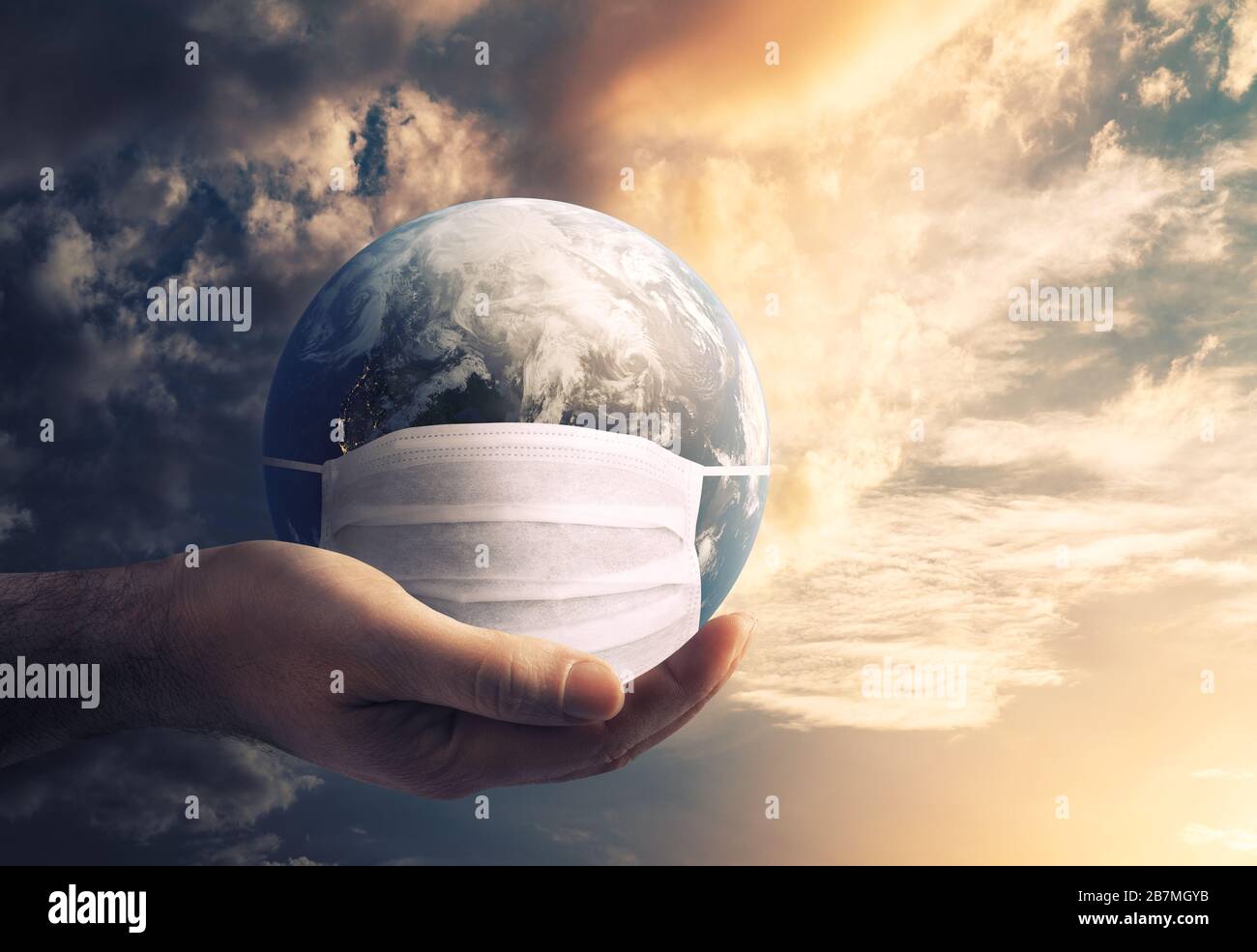 Earth is wearing protection mask against Corona Virus. Global danger concept. Elements of this Image Furnished by NASA. 3d rendering Stock Photo