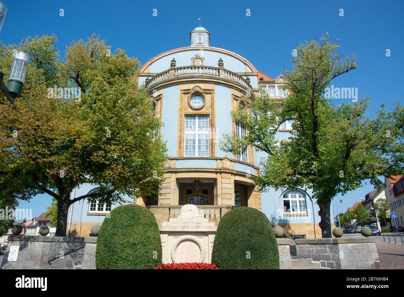Blue city hall in Donaueschingen in the Blackforest / Germany Stock Photo