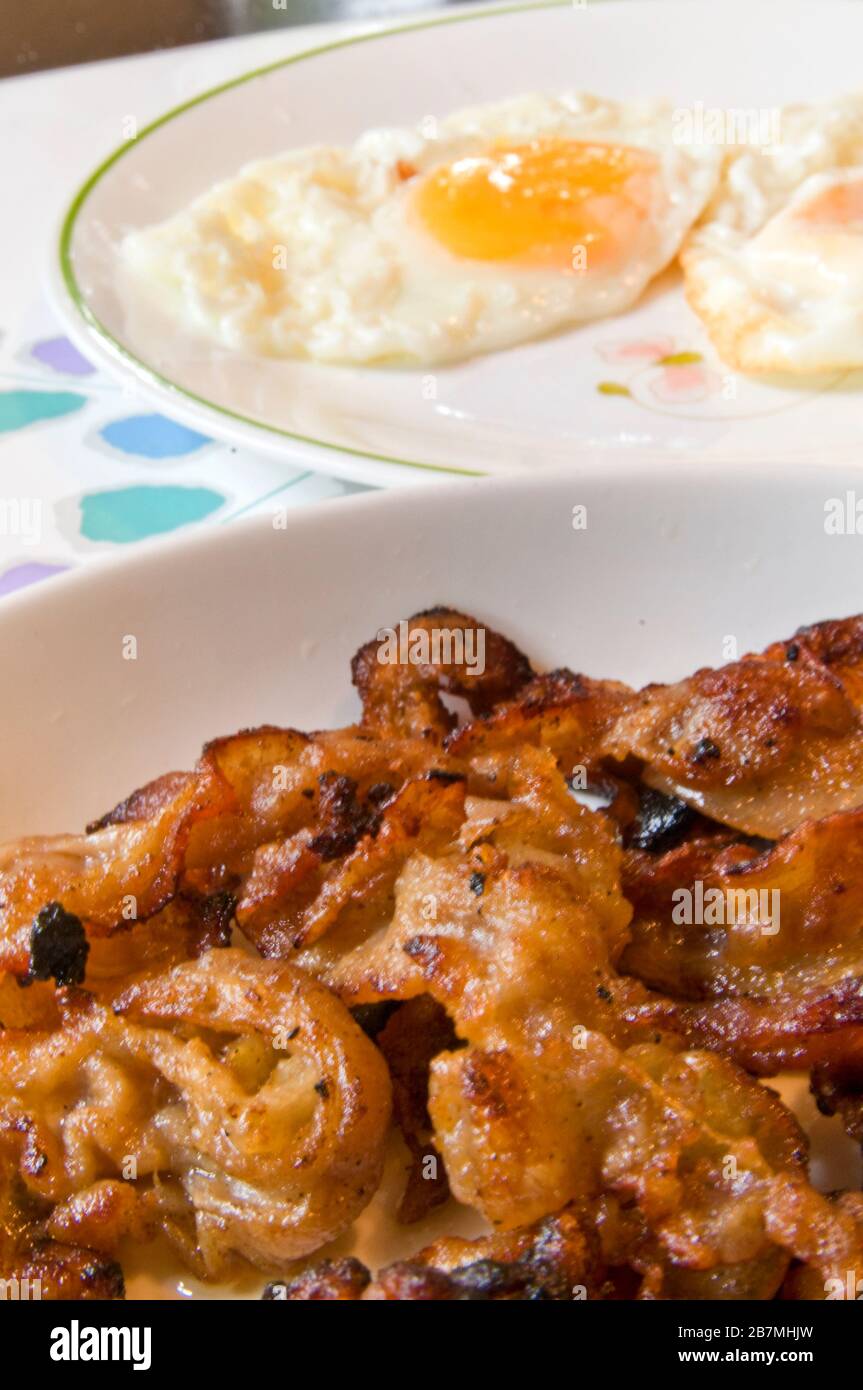 Bacon and eggs breakfast is a popular comfort food all over the world. Stock Photo