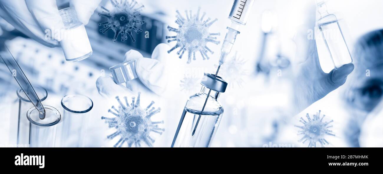 Researchers with viruses, syringe and microscope and many other laboratory utensils Stock Photo