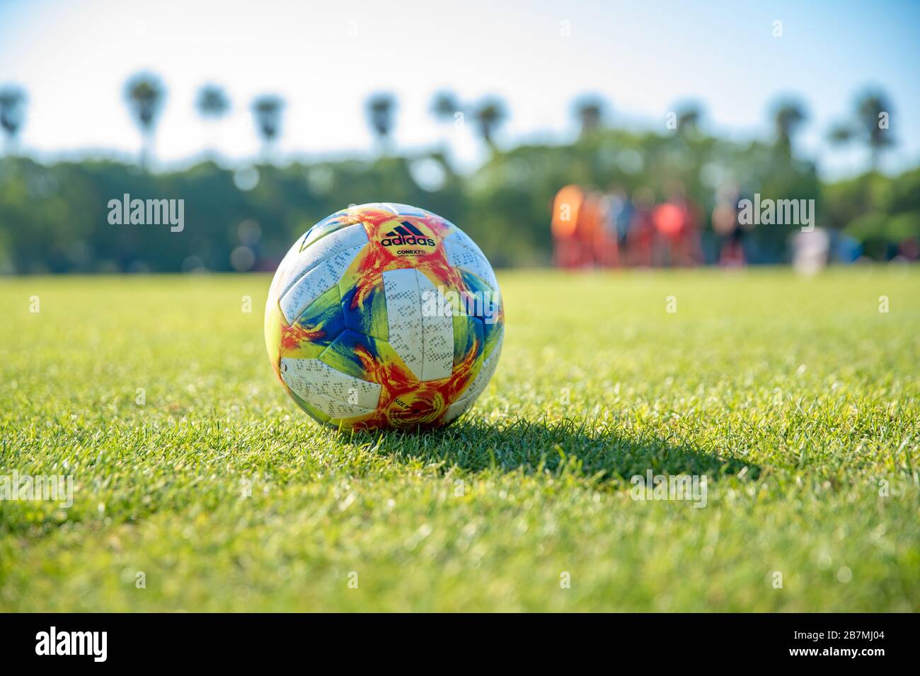 Chiklana de la frontera, Spain - January 9, 2020: ball with the adidas logo  on the football field Stock Photo - Alamy