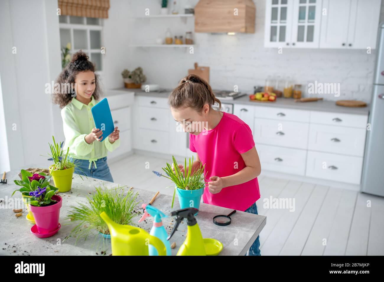 Two girls standing in a bright kitchen. Stock Photo