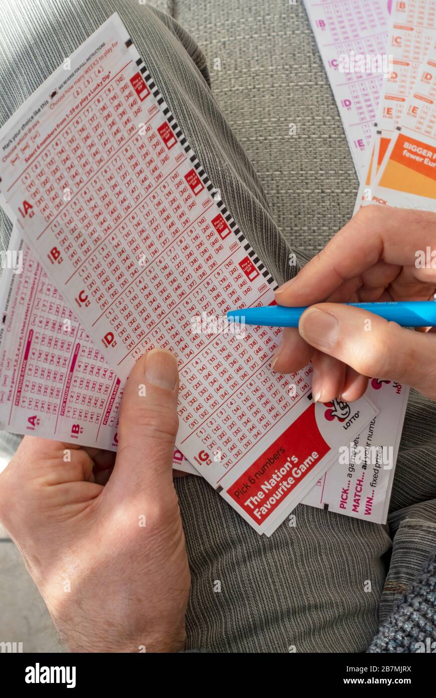 Close up of person man holding filling in National Lotto lottery slip form England UK United Kingdom GB Great Britain Stock Photo