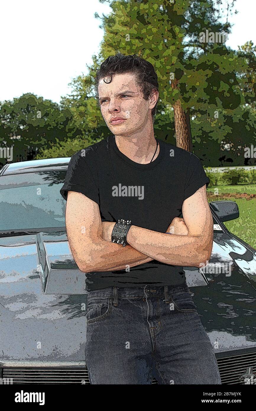 Young man with intense look sporting a 1950's style leaning on mustang car. Photoshopped artistic effects. Portraying masculinity Stock Photo