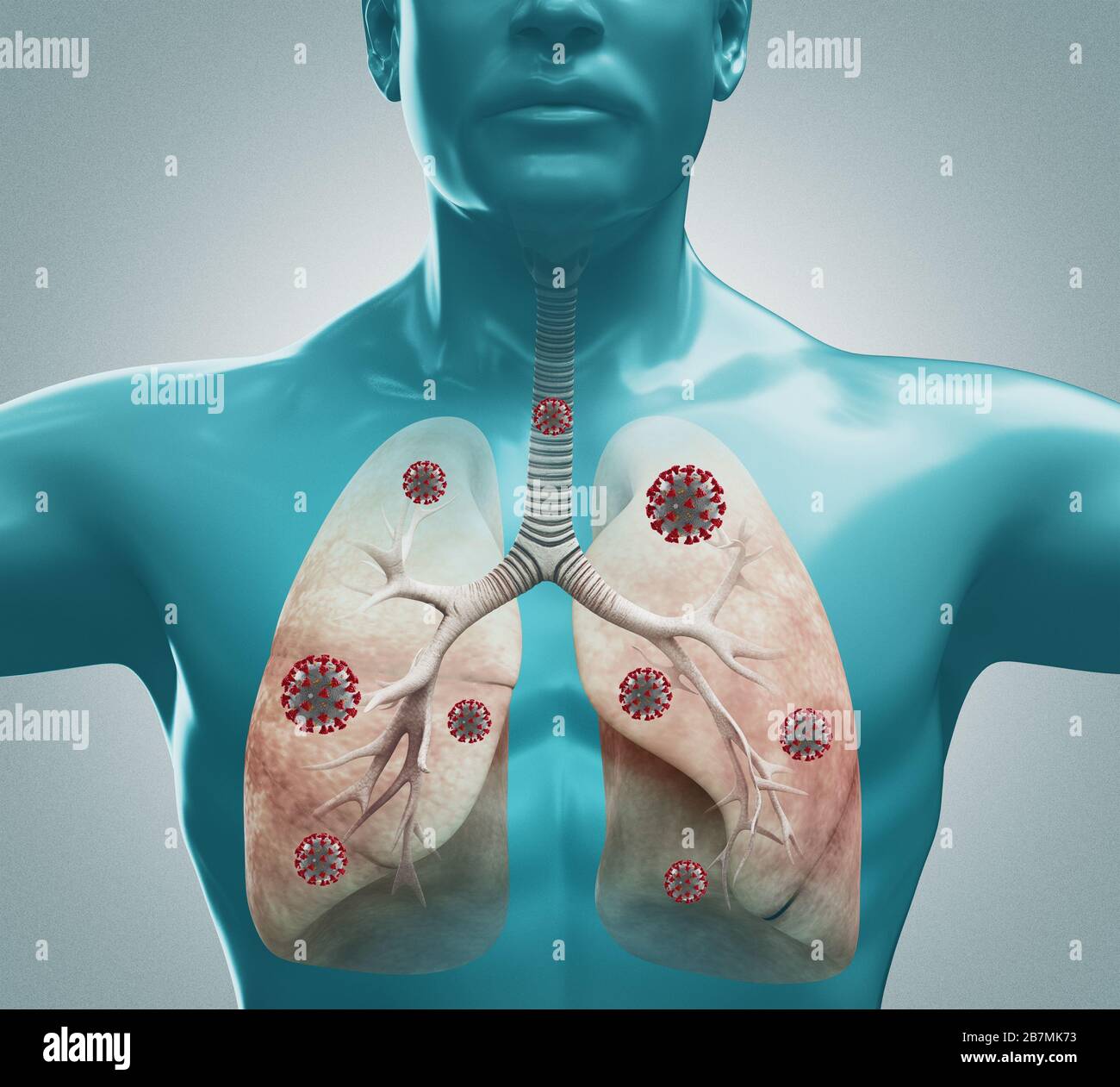 Coronavirus microscopic view. Respiratory System. Floating influenza virus cells. Pandemic risk concept. 3d rendering Stock Photo