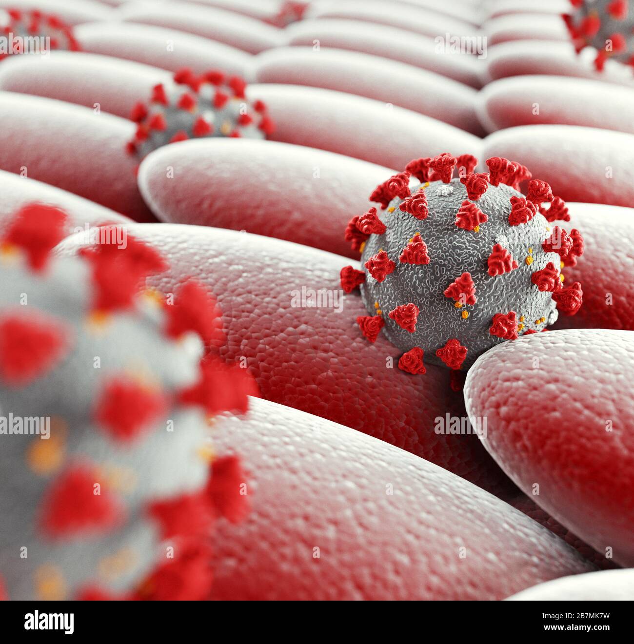 Coronavirus microscopic view. Respiratory System. Floating influenza virus cells. Pandemic risk concept. 3d rendering Stock Photo