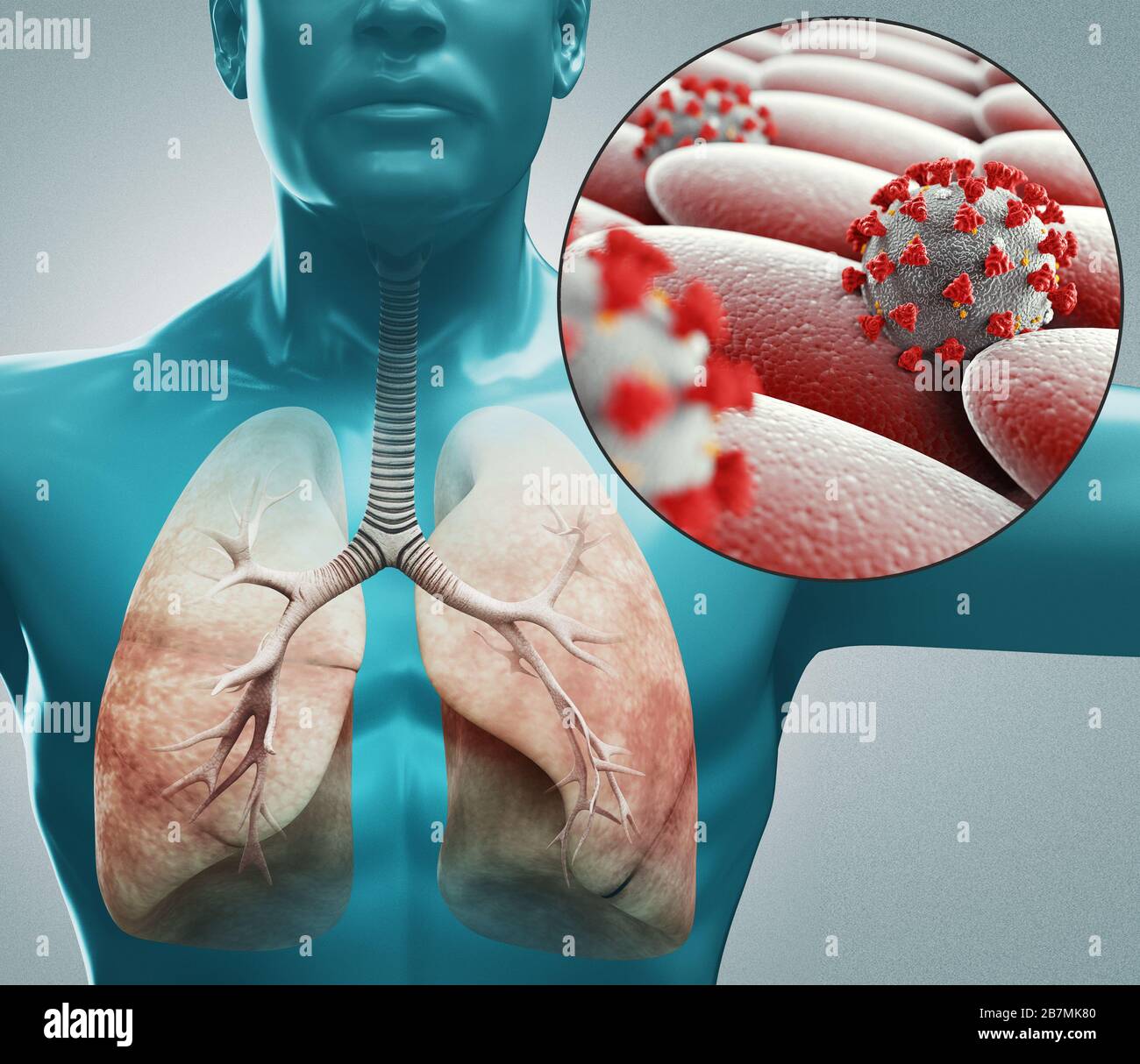 Coronavirus microscopic view. Respiratory System. Floating influenza virus cells. Pandemic risk concept. 3d rendering Stock Photo