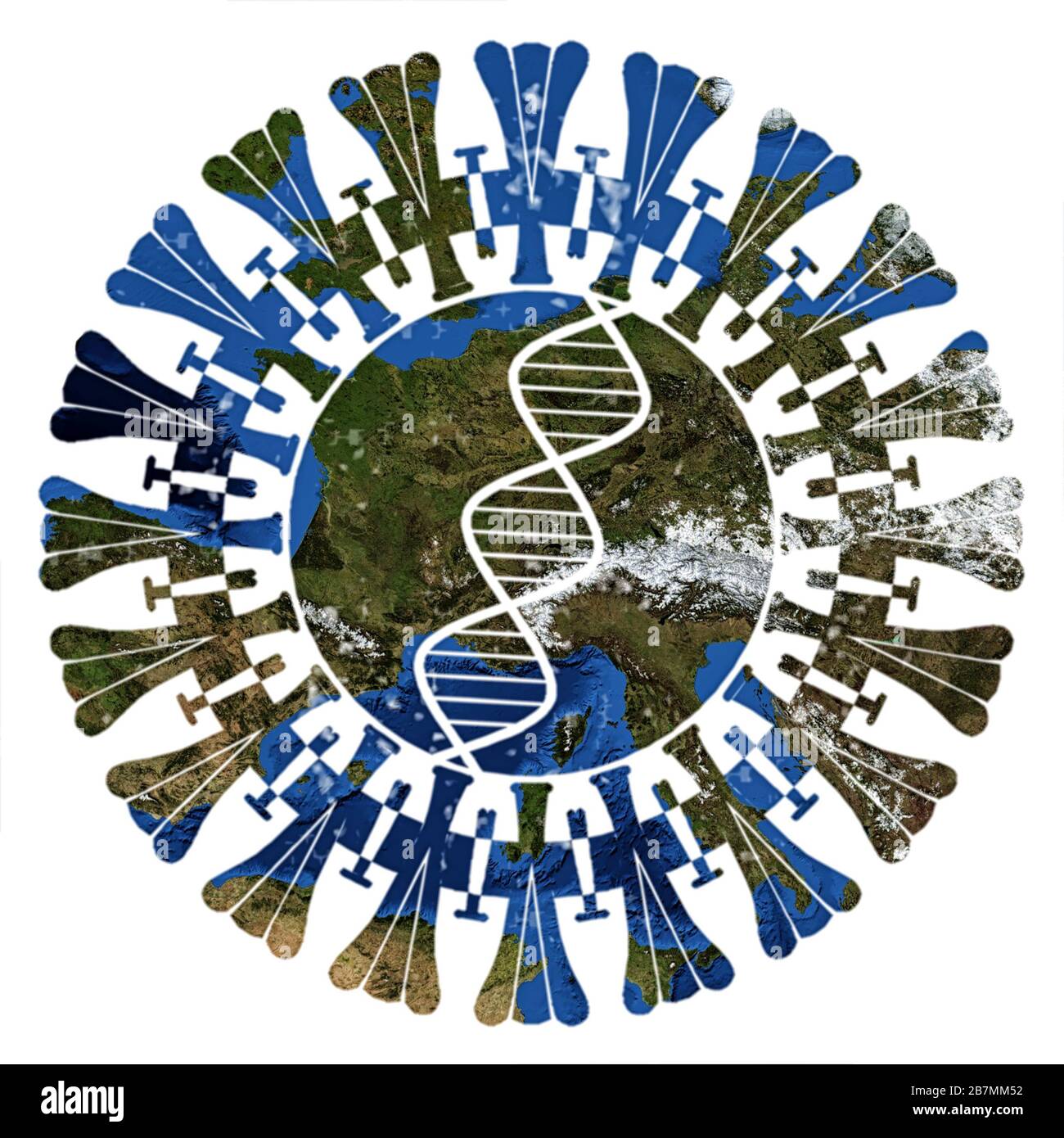 Corona virus above Europe. Corona graphics combined with a map of Europe - of our blue planet Earth - isolated on white background. Elements Stock Photo
