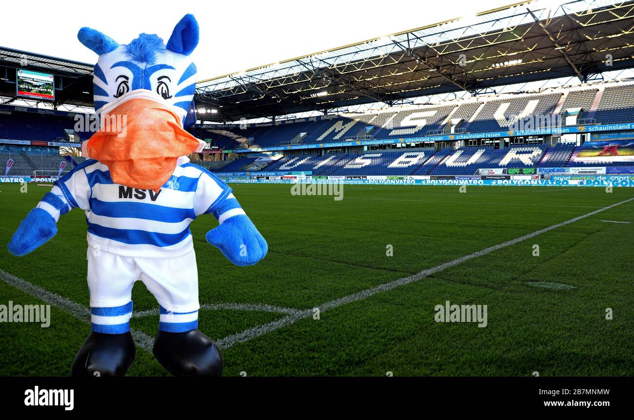 Duisburg, Deutschland. 29th Mar, 2019. Photo montage mascot Ennatz in the empty stadium of MSV Duisburg, digitally edited firo: 15.03.2020 soccer, 3rd league, season 2019/2020 MSV Duisburg soccer vs. Coronavirus No soccer in the Schauinsland-Reisen Arena because of Corona. For that givess a new pitch !! | usage worldwide Credit: dpa/Alamy Live News Stock Photo