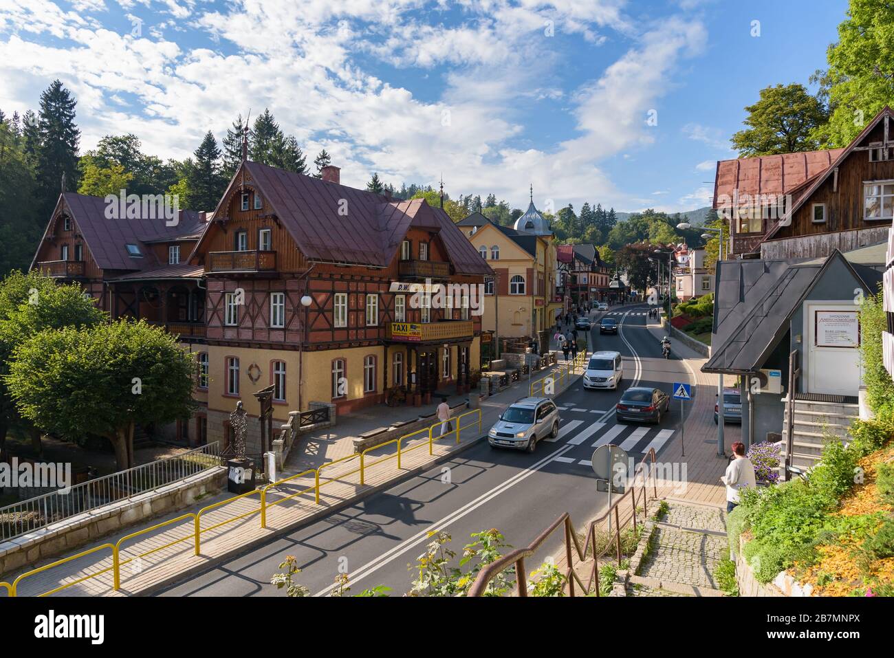 Szklarska Poreba, Poland - September 12, 2019: View of the main street of Szklarska Poreba town, well known tourist resort in Giant Mountains Stock Photo