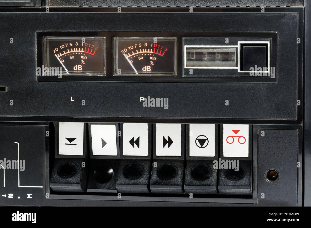 Closeup of control buttons of old audio analog tape recorder Stock Photo