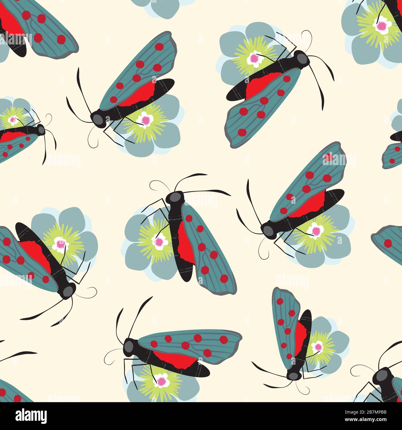 Six spot burnet butterfly seamless vector pattern background. Day flying moth on flower illustration. Scottish coastal insect backdrop. All over print Stock Vector