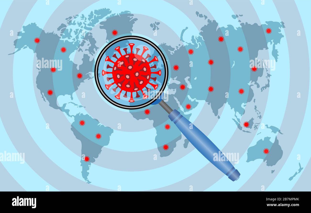 Corona virus and magnifier icon on world map. All the objects, shadows and background are in different layers. Stock Vector