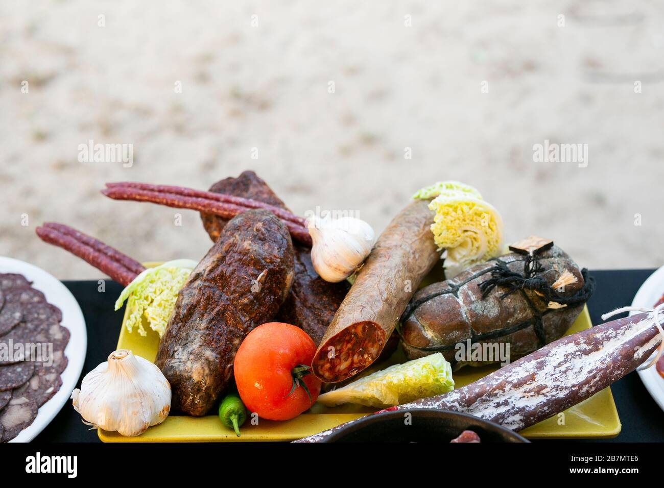 Traditional spanish smoked pork, chorizo, rustic spicy pork sausage Stock Photo