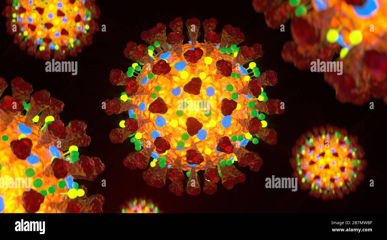 Closeup Coronavirus danger virus 3d render. Health risk disease and flu outbreak. Coronaviruses influenza. Stock Photo