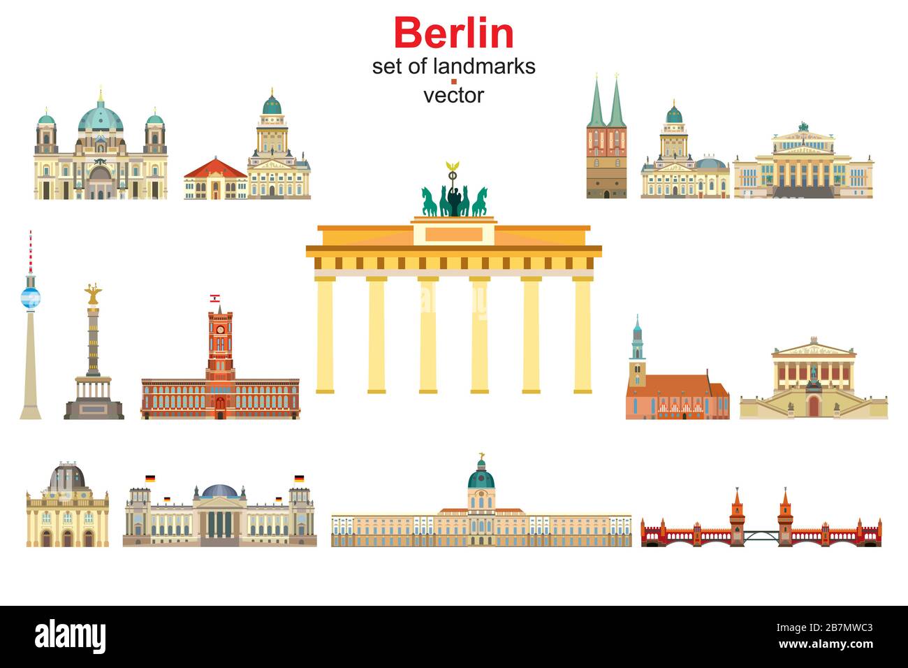 Colorful vector set of landmarks of Berlin, Germany. Flat vector colorful illustration of attractions of Berlin front view isolated on white backgroun Stock Vector