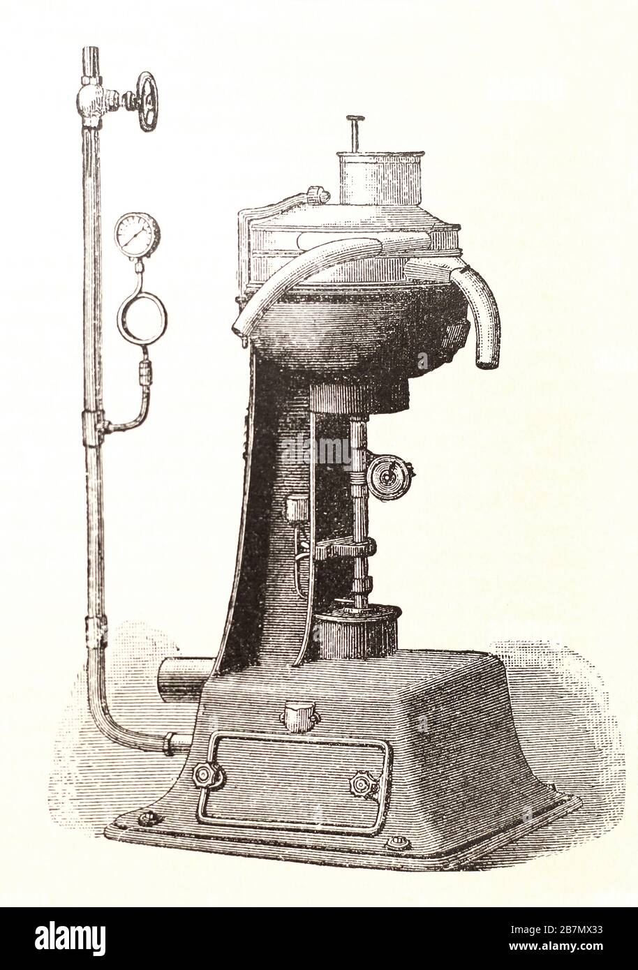 Steam turbine separator made by Karl Gustaf Patrik de Laval. Engraving of the 19th century. Stock Photo