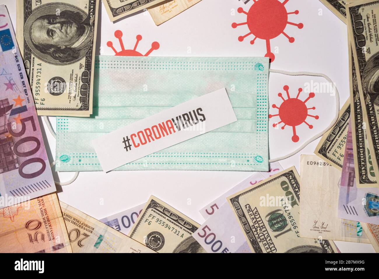 Corona virus impact on American economy concept, banknotes with medical mask and banknotes Stock Photo