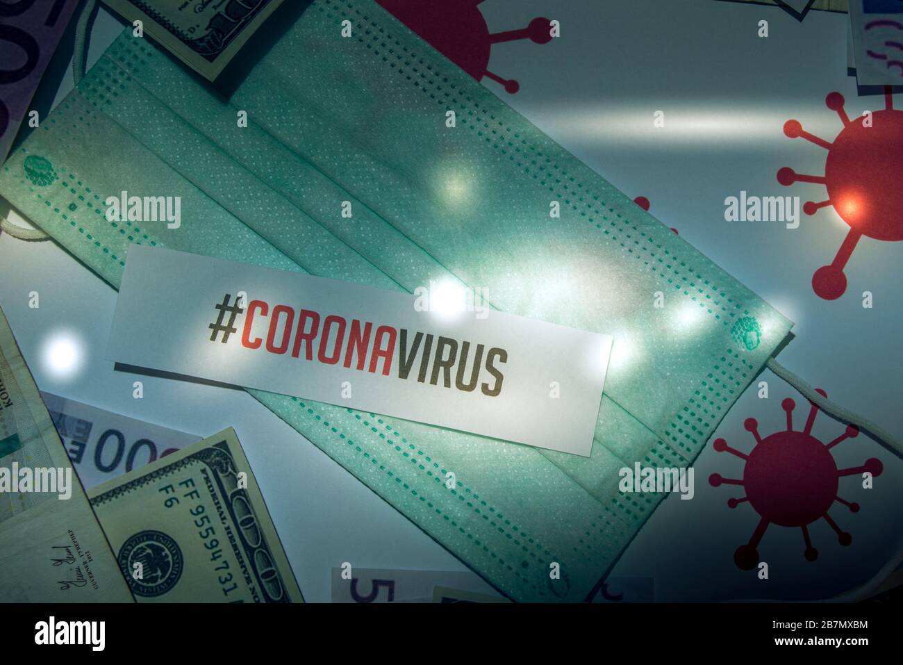 Corona virus impact on American economy concept, banknotes with medical mask and banknotes Stock Photo