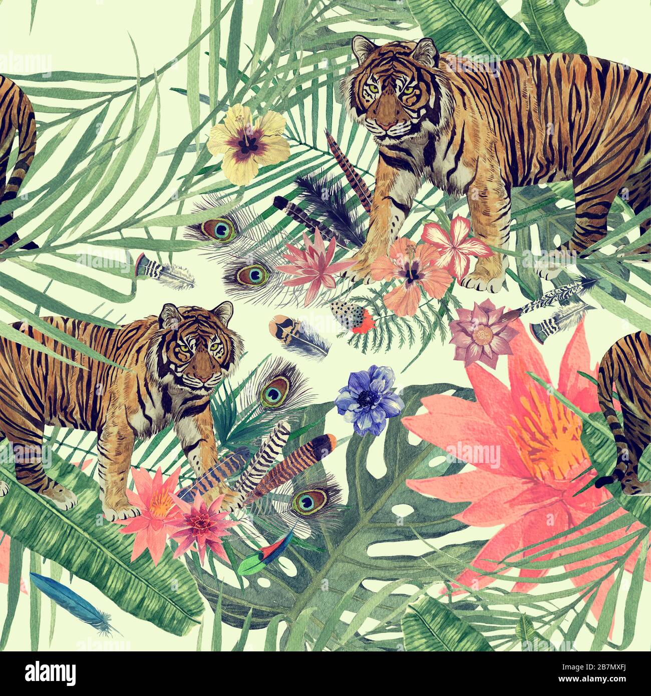 Seamles hand drawn watercolor pattern with tiger, leaves, feathers, flowers. Stock Photo