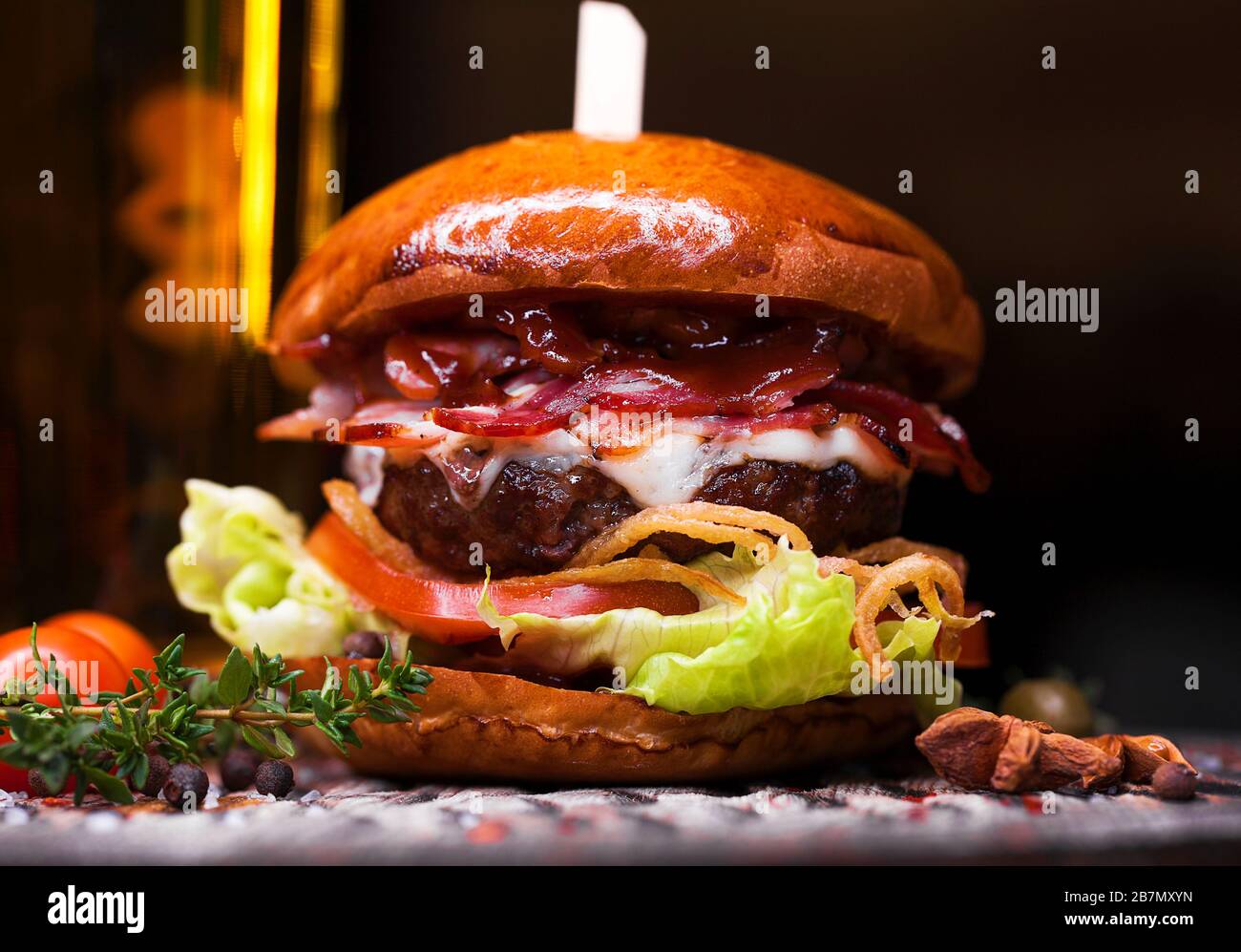 Fast food closeup with traditional tasty hamburger Stock Photo Alamy