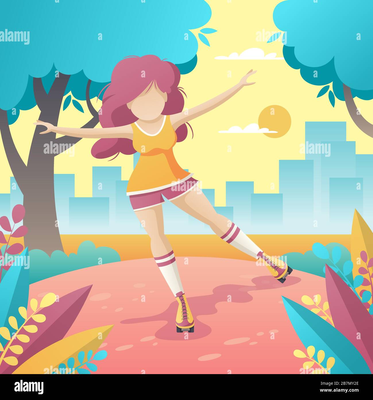 Young woman driving roller skate in the park. Modern concept in flat