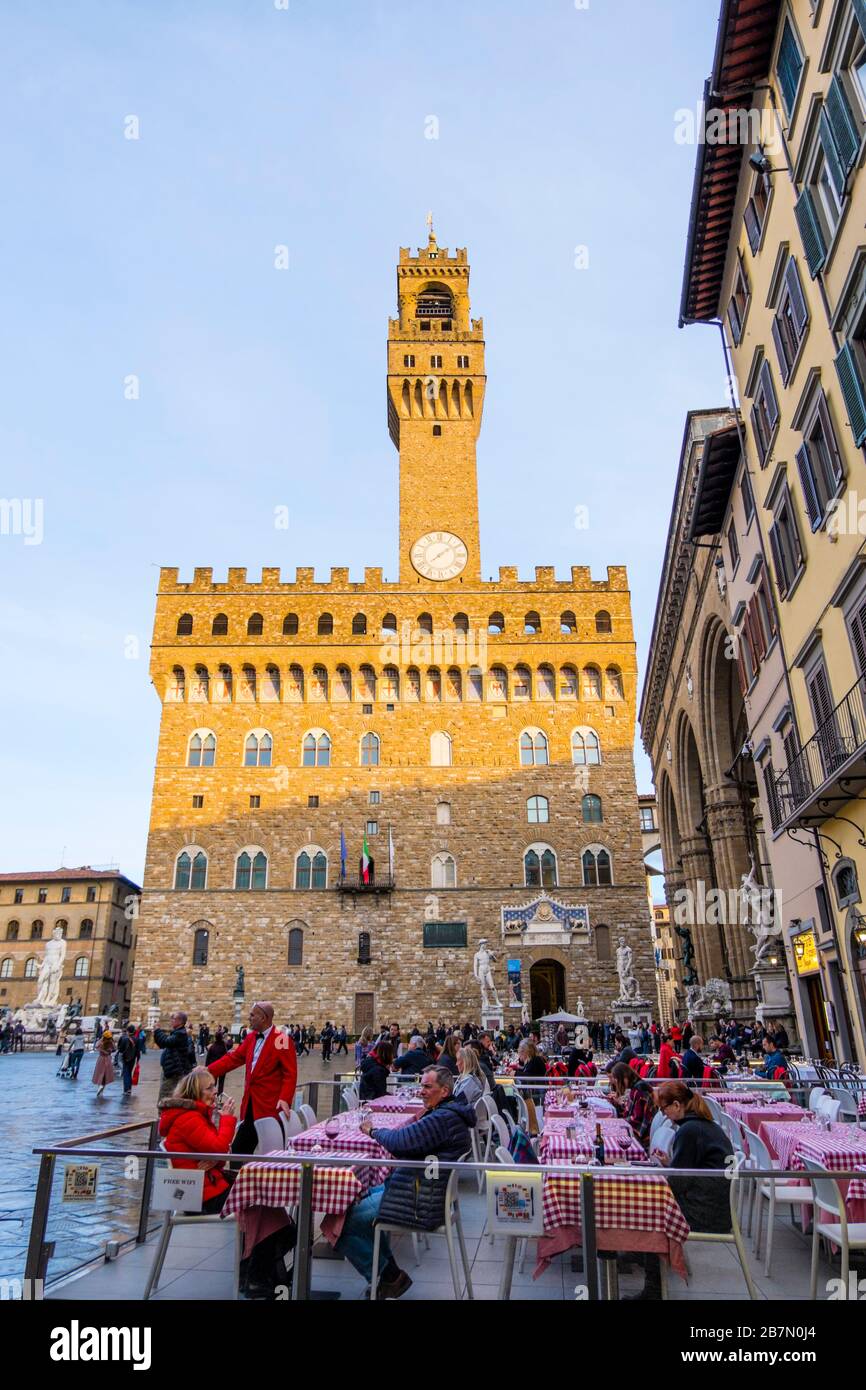Cafe terraces, in front of Palazzo Vecchio, Piazza della Signoria, centro storico, Florence, Italy Stock Photo