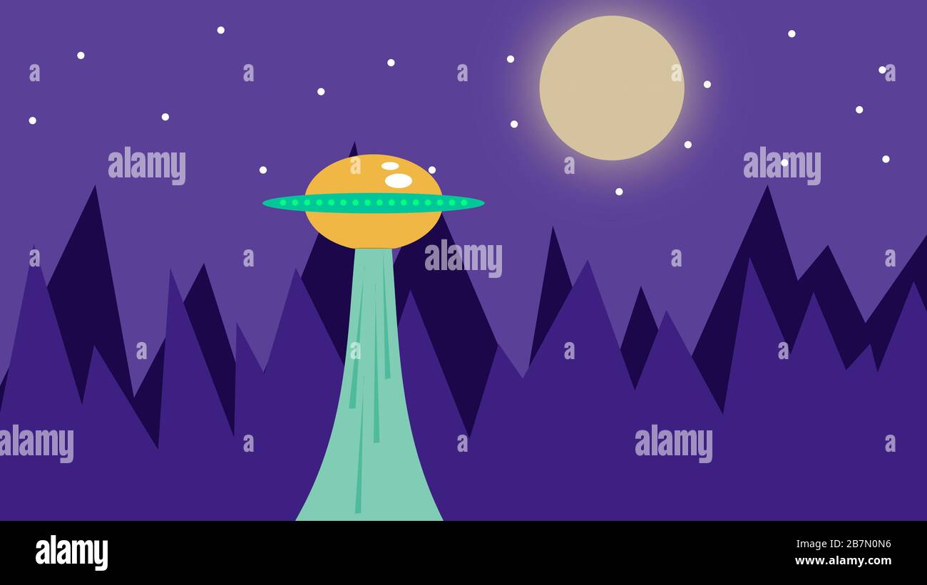 Beautiful ufo flying over the moon. 2d landscape illustration Stock Photo