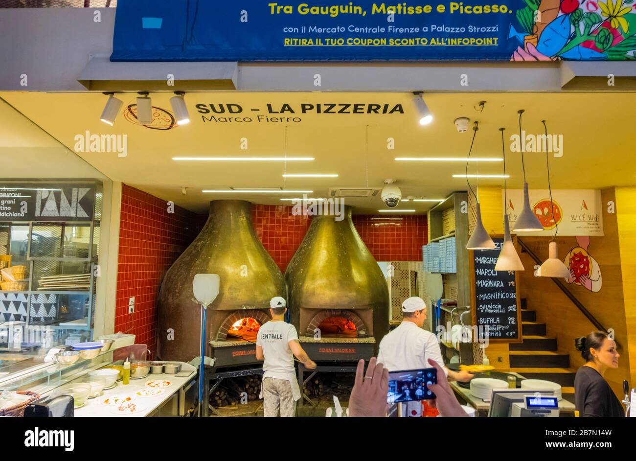 Pizzeria with wood fired ovens, food court, Mercato Centrale, central market hall, centro storico, Florence, Italy Stock Photo