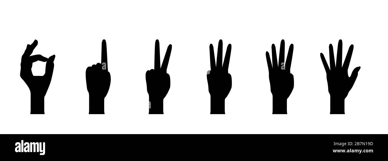 Set of Hand Silhouettes that show the numbers 0, 1, 2, 3, 4, 5 with flexion of the fingers. Vector Illustraion Stock Vector
