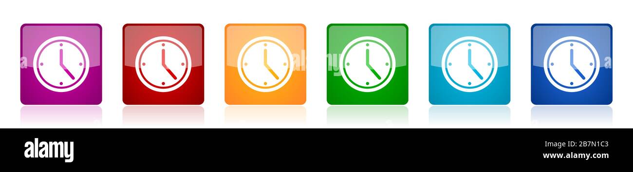 Time icon set, colorful square glossy vector illustrations in 6 options ...