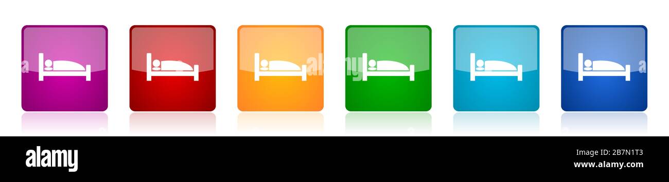 Hotel icon set, colorful square glossy vector illustrations in 6 ...