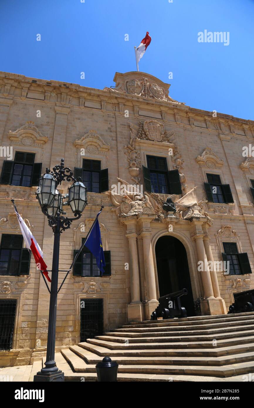 Valletta. Malta.  The center of the Old Town. Auberge de Castille et Leon in Castille Place. The residence and office of the Prime Minister of Malta. Stock Photo