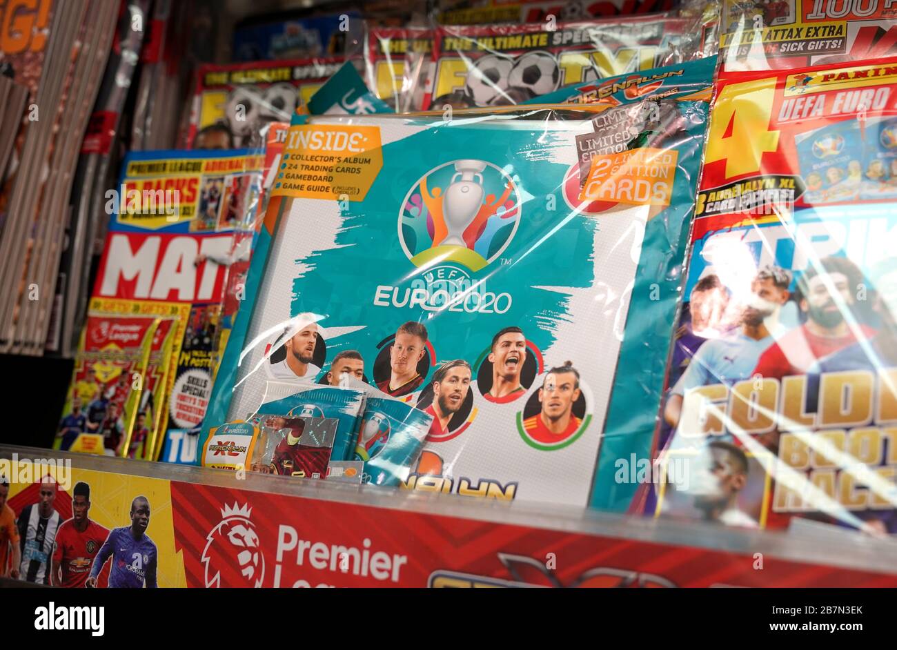 Close up of an official EURO 2020 sticker album inside an newsagents after  news that UEFA has decided to postpone Euro 2020 until the summer of 2021  Stock Photo - Alamy