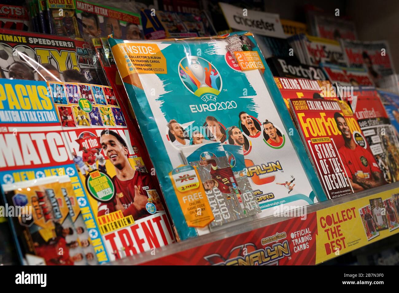 Close up of an official EURO 2020 sticker album inside an newsagents after  news that UEFA has decided to postpone Euro 2020 until the summer of 2021  Stock Photo - Alamy