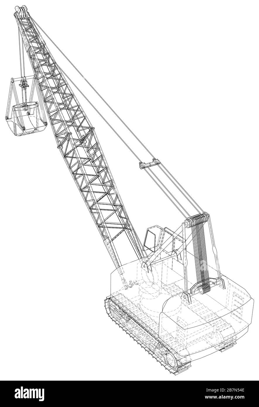 Dragline excavator. The layers of visible and invisible lines are separated. The layers of visible and invisible lines are separated. Wire-frame outli Stock Vector