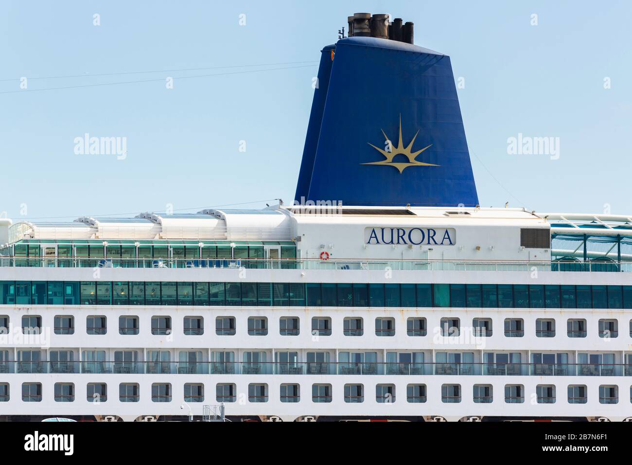 P&O Cruises' ship Aurora sits empty of passengers in Southampton today after the cruise line temporarily ceased sailings until 11th April due to the o Stock Photo