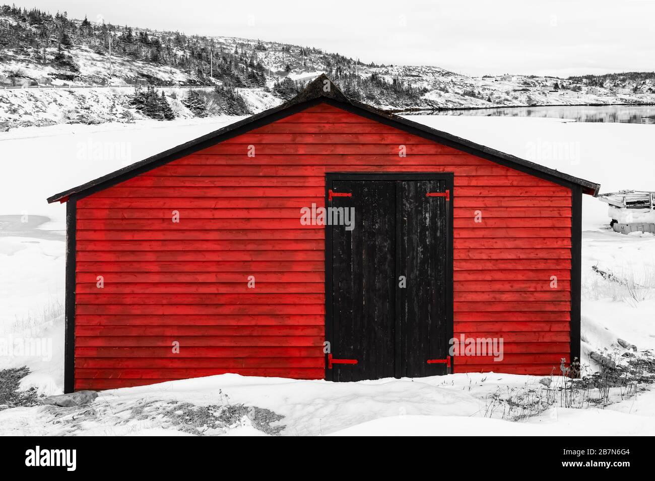 Fishing stage along Champney's Arm near Champney's West in Newfoundland, Canada, Newfoundland, Canada [No property release; available for editorial li Stock Photo