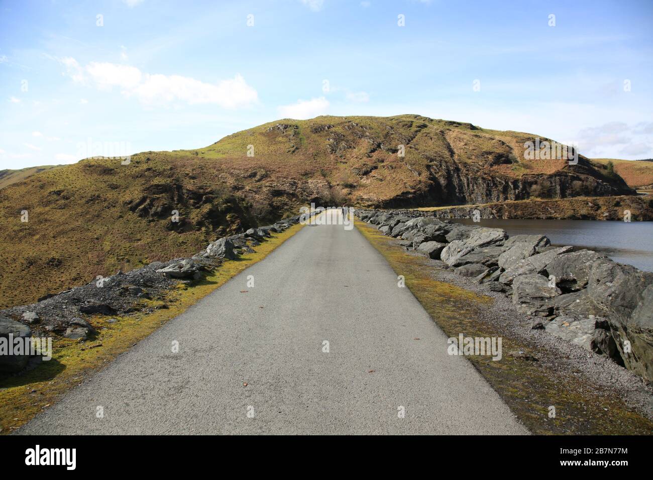 View of the dam on Llyn Brianne reservoir, Llandovery, Wales, UK Stock