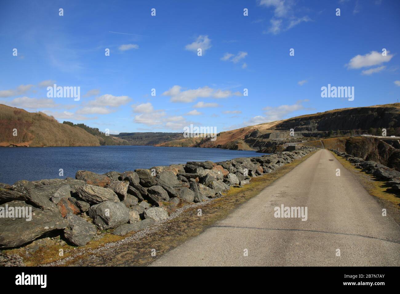 View of the dam on Llyn Brianne reservoir, Llandovery, Wales, UK Stock