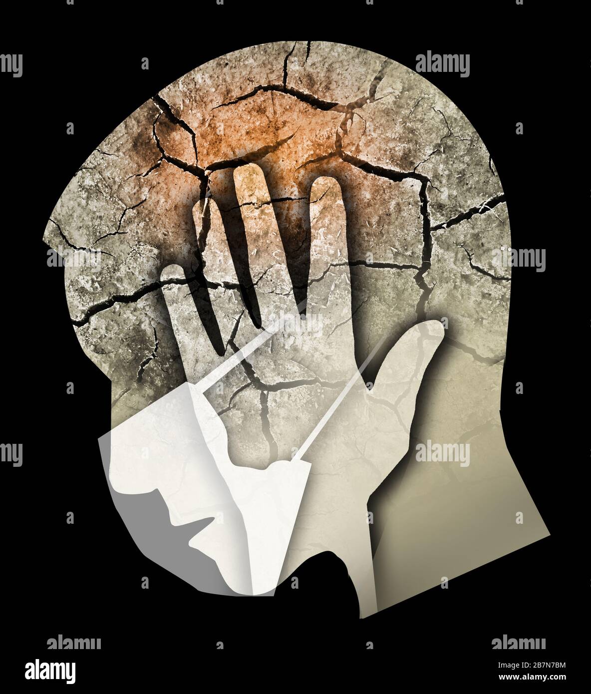 Headache, depressed man with virus protection mask. Stylized male head silhouette holding her head.Photo-montage symbolizing  Epidemic  hopelessness Stock Photo