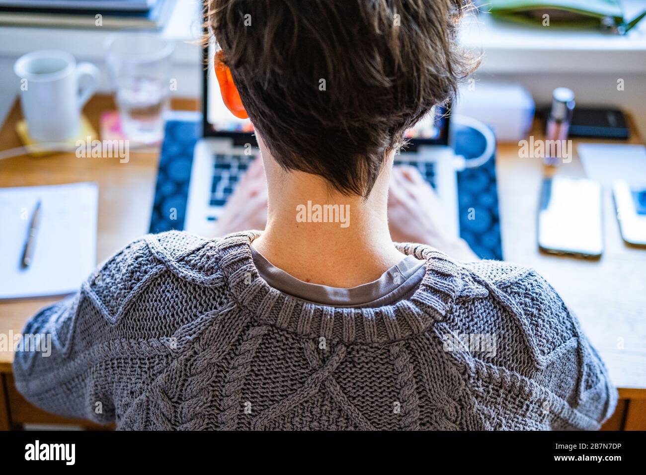 Young woman working from home. Caucasian short hair employee woman with glasses working online from home on computer laptop Stock Photo