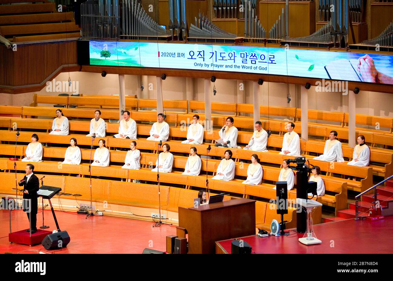 Yoido Full Gospel Church, Mar 15, 2020 Members of the choir attend a