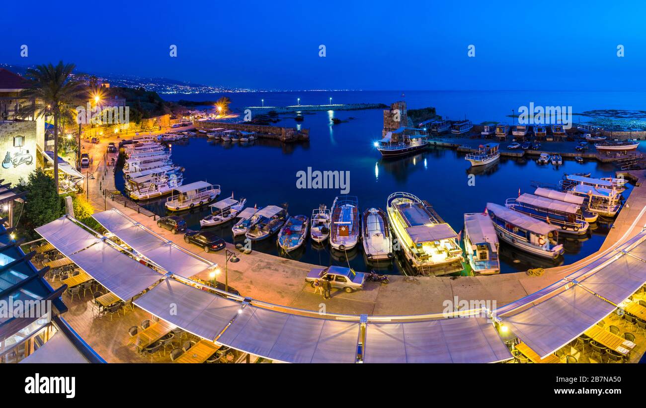 Panorama of Jbeil Byblos old harbor, port, at blue hour, Lebanon Stock