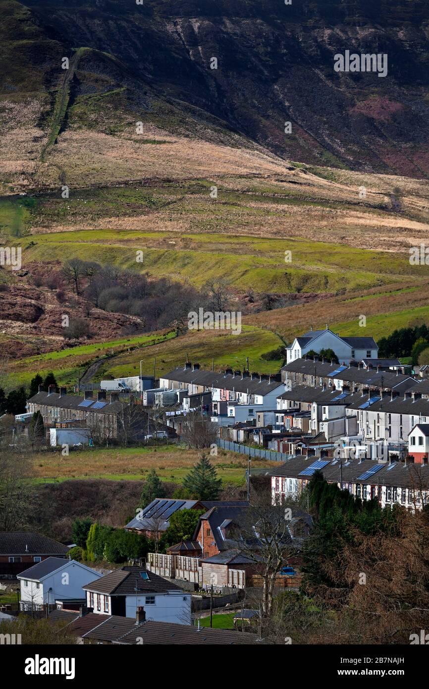 Terraced houses at Cwmparc village near Treorchy in the Rhondda Valley, Wales, UK Stock Photo